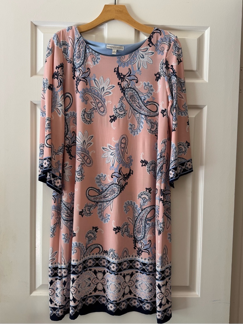 Sandra Darren Pink Paisley Shift Dress with Navy Trim